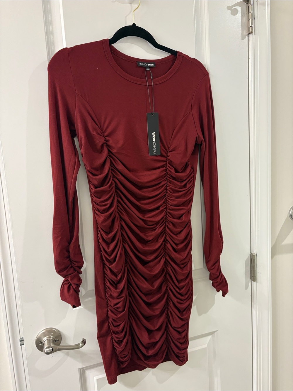 Fashion Nova Burgundy Ruched Long-Sleeve Mini Dress
